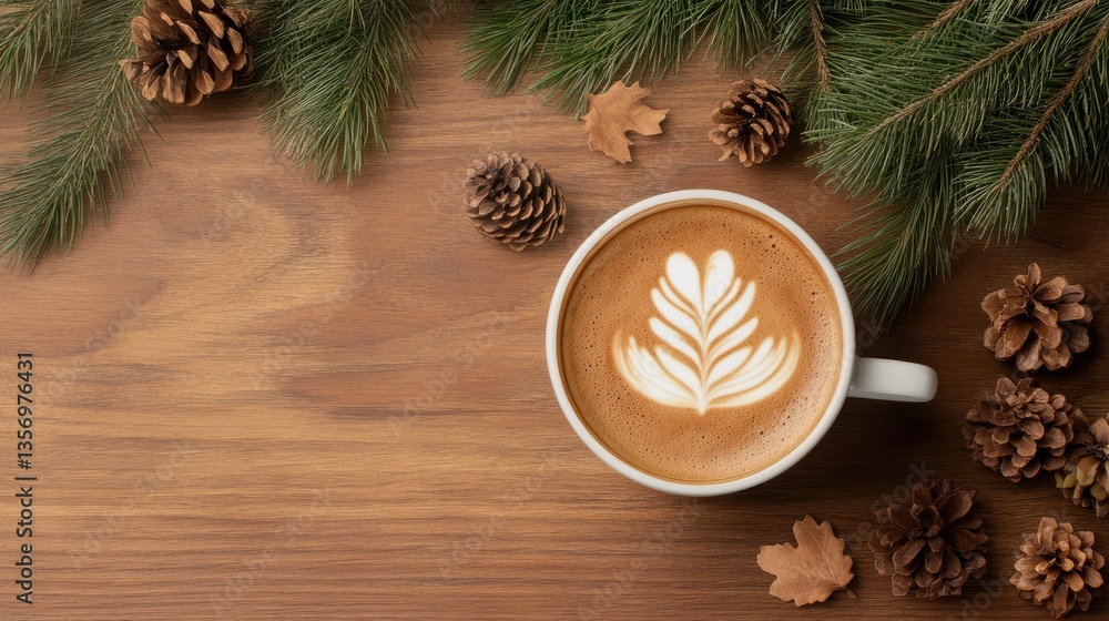 Festive latte art in a mug, surrounded by pine and cones on wood Festive latte art in a mug, surrounded by pine and cones on wood