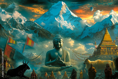 A serene collage of Nepal featuring Mount Everest, Buddhist prayer flags, golden stupas, colorful Thangka paintings, traditional Gurkha warriors, a yak, and a monk in deep meditation. A mix of spiritu