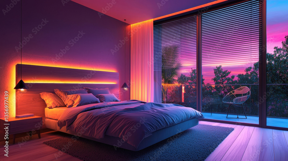 cozy bedroom in smart home featuring energy efficient lighting, large windows, and serene sunset view, creating tranquil atmosphere