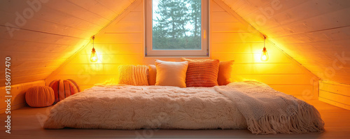 cozy reading nook in attic with warm lighting, soft pillows, and plush blanket creates serene atmosphere for relaxation