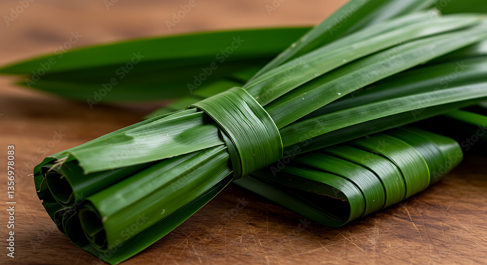 Fototapeta premium close-up of pandan leaves being bundled for use