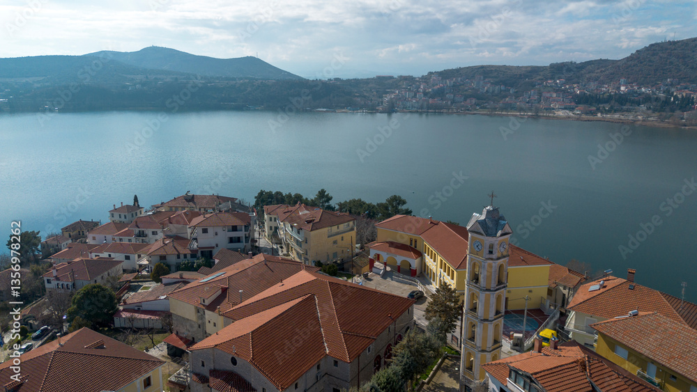 Kastoria city and Lake Orestiada in northern Greece seen from the air