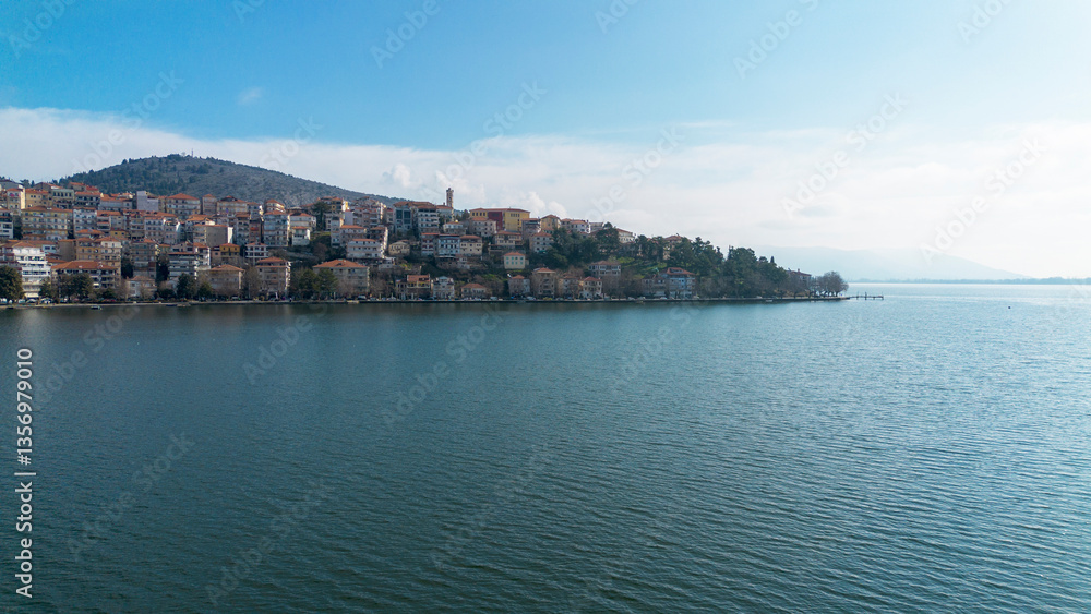 Kastoria city and Lake Orestiada in northern Greece seen from the air