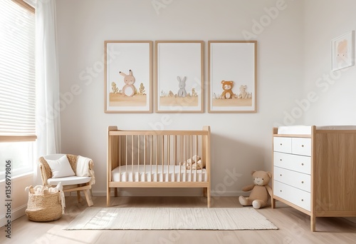 Modern Nursery Room Interior with Wooden Crib and Changing Table