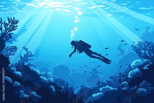 Diver Exploring Vibrant Coral Reef Beneath Clear Blue Ocean Water