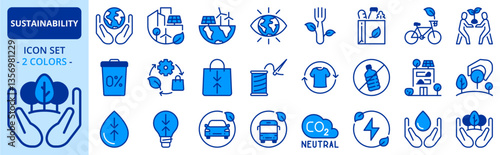 Icons in two colors about sustainability