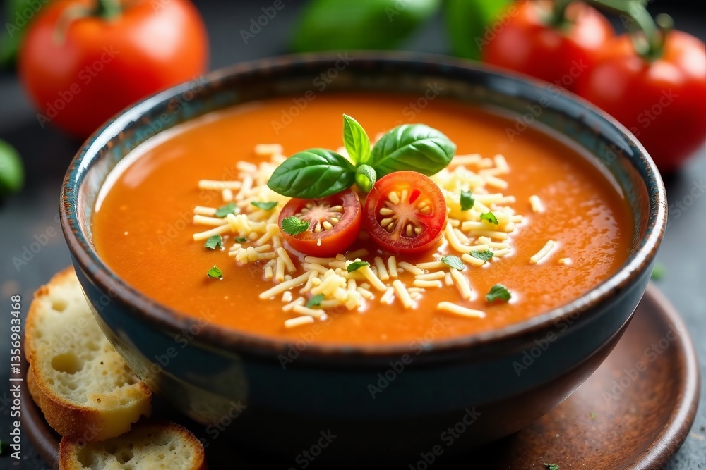 Delicious tomato soup garnished with fresh basil and cherry tomatoes, perfect for any meal. Delicious tomato soup garnished with fresh basil and cherry tomatoes, perfect for any meal.