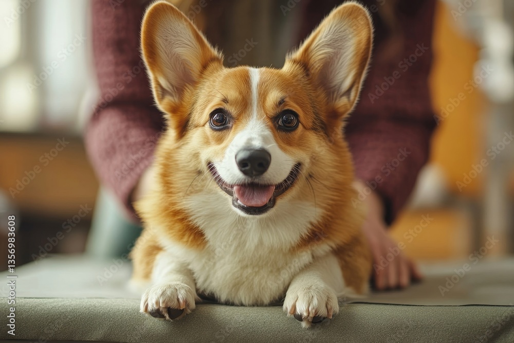 a close-up of a corgi with a cheerful expression. A person's arms are gently holding the dog, showing the affection a close-up of a corgi with a cheerful expression. A person's arms are gently holding the dog, showing the affection