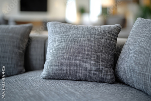 a cozy close-up shot of gray pillows on a soft gray couch, inviting comfort and relaxation. The pillows have a textured appearance, and the couch seems incredibly inviting for a relaxing time