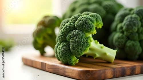 Freshly cut vibrant green organic broccoli crowns on a wooden cutting board, lit by natural light