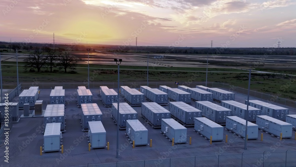 Fototapeta premium Battery storage farm at sunset. Aerial view of a large outdoor battery storage facility with containers in rows at sunset.