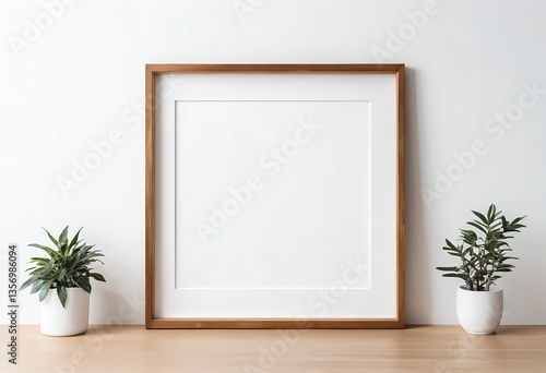 Mockup Blank White Frame with Plants on Wooden Table