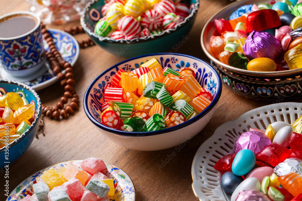Traditional Turkish Ramadan Sweet Sugar Candy, Chocolate candie and Almond candies
