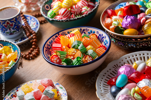 Obraz na płótnie Traditional Turkish Ramadan Sweet Sugar Candy, Chocolate candie and Almond candies w salonie