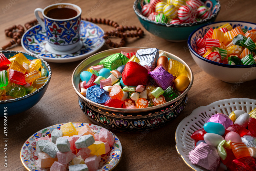 Traditional Turkish Ramadan Sweet Sugar Candy, Chocolate candie and Almond candies