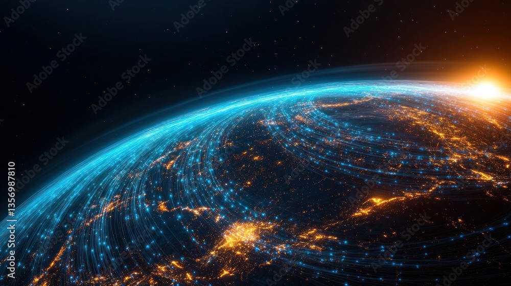 Fototapeta premium Global network connections illuminate Earth's continents at night, showcasing technological advancement and communication