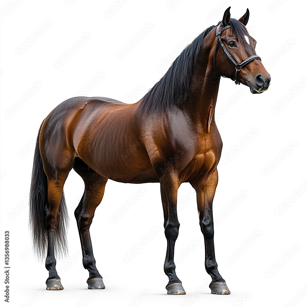 Obraz premium Realistic brown horse with a proud stance, its head raised slightly, smooth coat glowing under soft light, isolated on a pure white backdrop. 