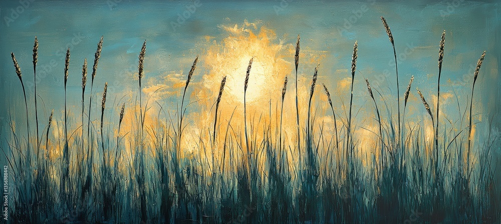 Ethereal wild grass silhouettes in dreamy blue and gold light Ethereal wild grass silhouettes in dreamy blue and gold light