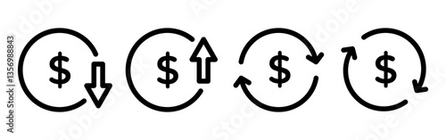 Vector illustration of dollar increase and decrease and turnover icon set isolated on transparent background