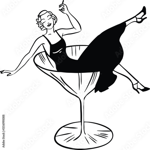 Cocktail girl in Martini line art whimsical illustration.