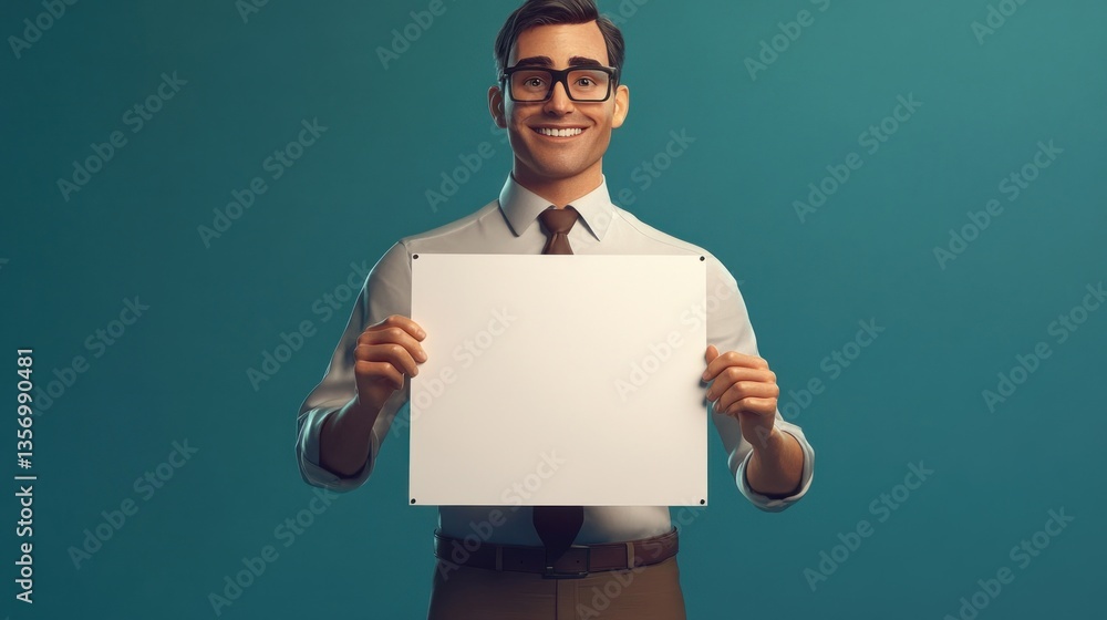 Smiling businessman holding blank sign against teal backdrop Smiling businessman holding blank sign against teal backdrop