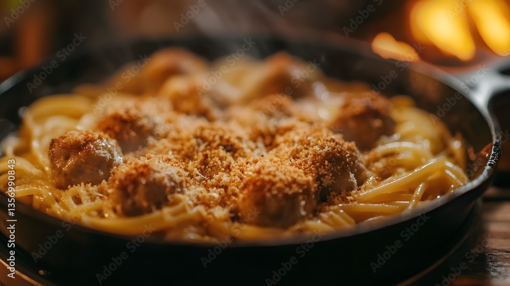 Hot skillet of spaghetti and meatballs with parmesan and herbs. Hot skillet of spaghetti and meatballs with parmesan and herbs.