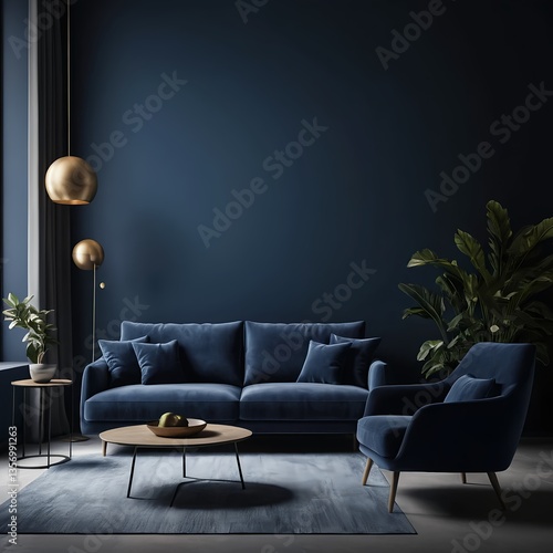 Modern Blue Velvet Living Room Interior