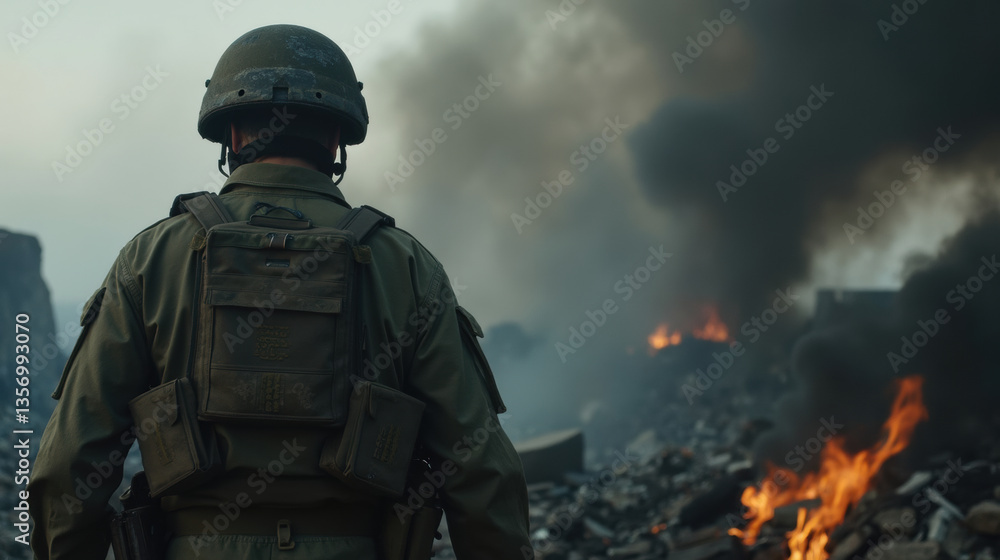 Naklejka premium soldier stands amidst smoke and flames, surveying destruction. scene evokes sense of tension and resilience in war torn environment