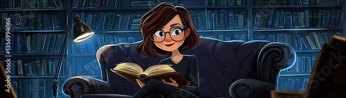 Woman reading book in library, night