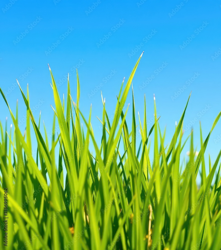 Obraz premium Vivid green grass tuft against a clear azure sky, overhead, clean, fresh