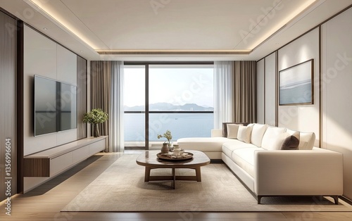 Wallpaper Mural A simple and elegant modern living room with a white sofa, a coffee table in front of the TV wall, a beige carpet on a wooden floor, white walls, grey wood grain decoration, a window overlooking. Torontodigital.ca