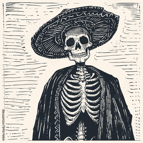 Linocut-style vector illustration of a Mexican Day of the Dead skeleton wearing a traditional sombrero, depicted in striking black and white woodcut technique with detailed ribcage 