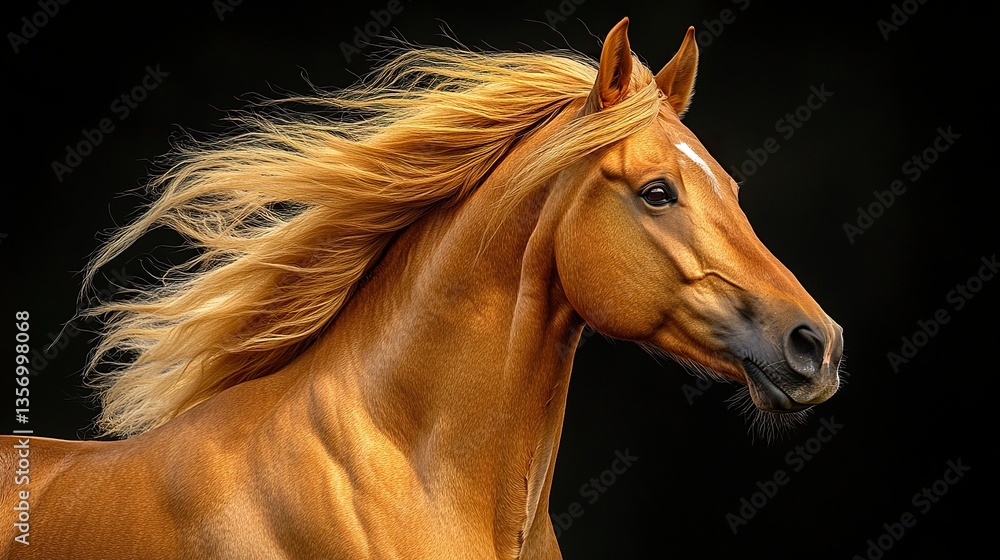 Fototapeta premium Stunning golden stallion, muscles defined and mane flowing, captured in a side profile against a black background, exuding strength and grace. 