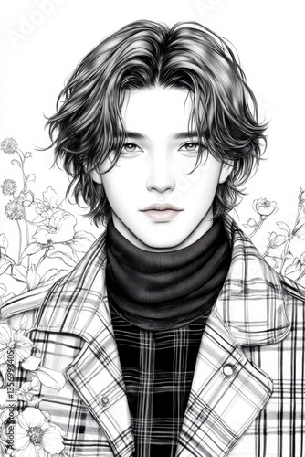 Monochrome Portrait of a Young Man with Wavy Hair in Textured Jacket