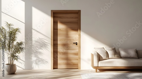 Modern living room with light wood door and minimalistic decor
