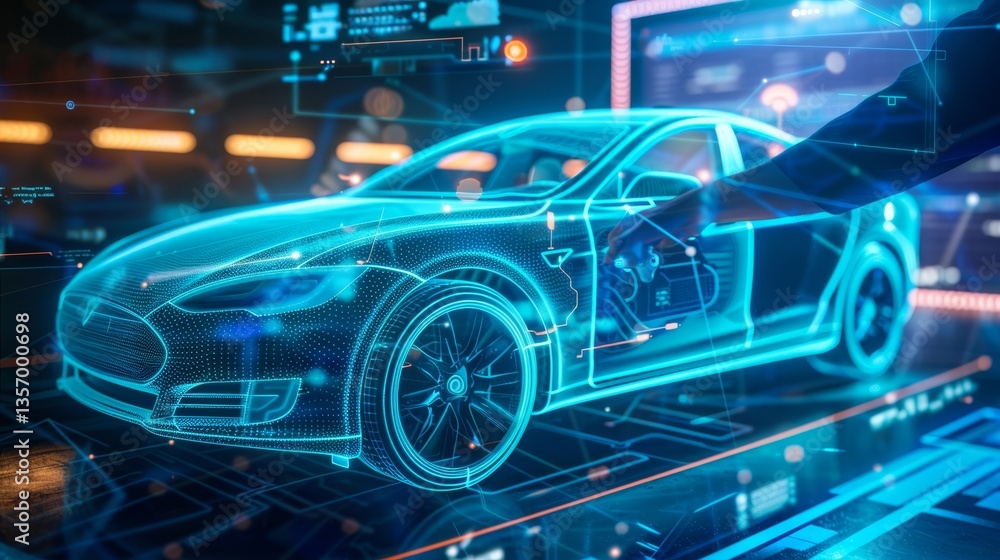 A futuristic, holographic representation of a car, showcasing its technical components and features in a high-tech environment. A futuristic, holographic representation of a car, showcasing its technical components and features in a high-tech environment.