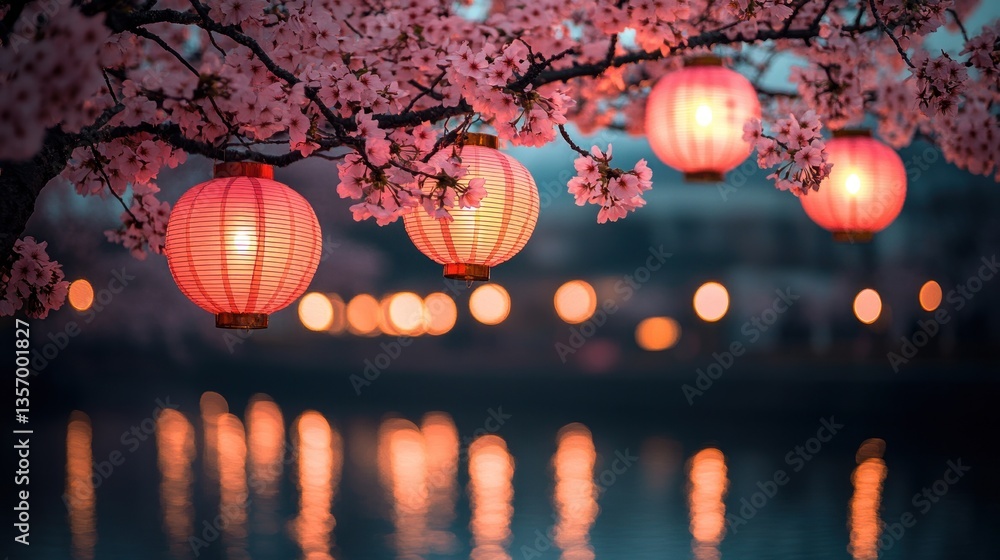 Fototapeta premium Pink lanterns hanging from cherry blossom trees over a serene lake at twilight.