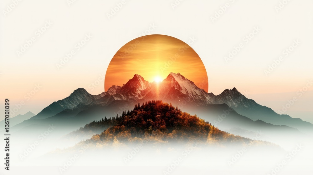 Fototapeta premium Sunrise over Misty Mountain Range with Fall Colors