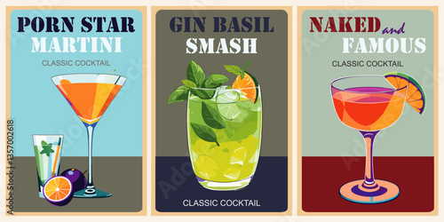 Cocktails retro poster set. Gin Basil Smash, Martini, Famous. Collection of popular alcohol drinks. Vintage flat vector illustrations for bar, pub, restaurant decoration, kitchen wall art print