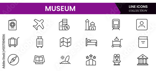 Museum ancient exhibit and service for tourist visit line icons set. Classic pillar, sculpture and painting, book and jewel, museum staff badge thin black and red outline symbols vector illustration