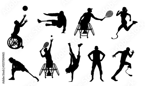Silhouettes of diverse sport people with health conditions or impairments. Athletes participating in competition, running, playing tennis, basketball, soccer. Vector illustration isolated