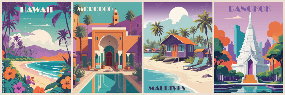 Fototapeta premium Set of travel destination posters in retro style. Hawaii, Morocco, Maldives, Bangkok colorful landscapes vactor art illustrations