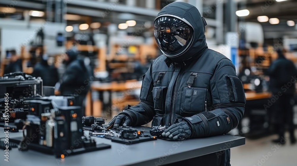 Obraz premium Person in futuristic suit works with tech