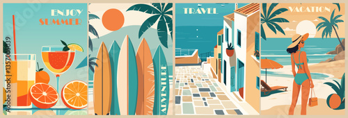 Set of summer posters in retro style. Summer vacations, holidays, travel concept. Colorful vector art illustrations.
