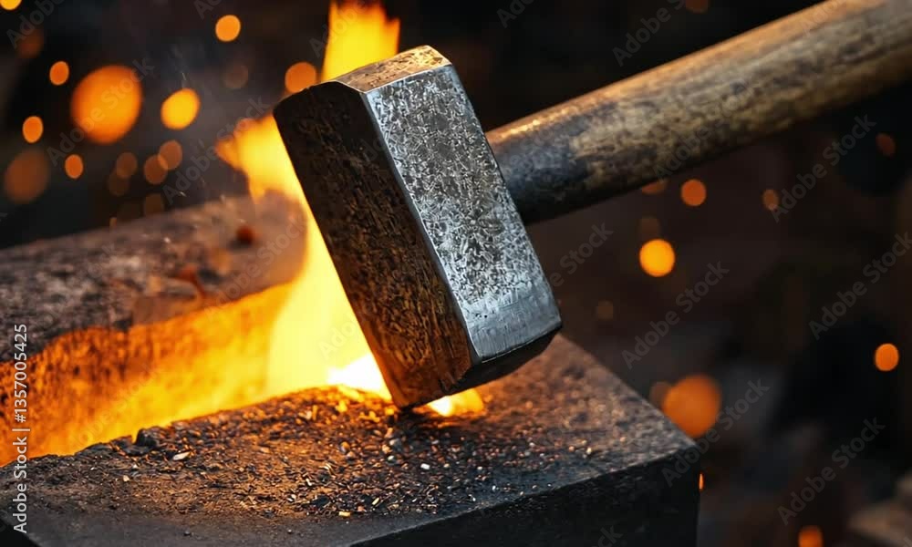 A glowing blacksmith's hammer above a fire with sparks, poised over an anvil. A glowing blacksmith's hammer above a fire with sparks, poised over an anvil.