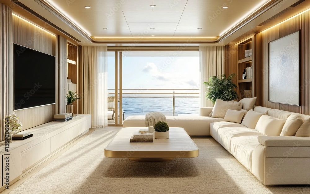 Fototapeta premium 3D rendering of a modern living room interior with a sofa and TV mockup in white color, wooden wall panels, and a coffee table on a beige carpet floor near a window with a sea view. Minimalist home