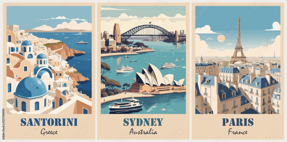 Obraz premium Set of travel destination posters in retro style. Sydney, Australia, Santorini, Greece, Paris, France landscapes vector art illustrations
