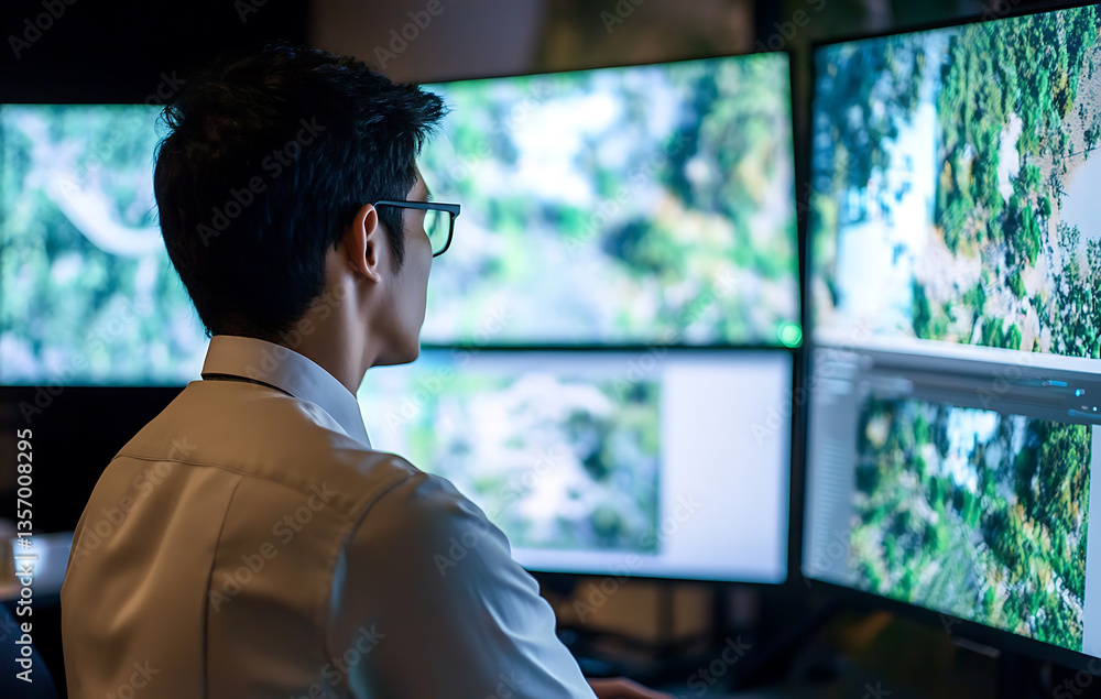 man looks attentively at multiple computer screens displaying detailed simulations. He seems focused and absorbed in analyzing data presented man looks attentively at multiple computer screens displaying detailed simulations. He seems focused and absorbed in analyzing data presented