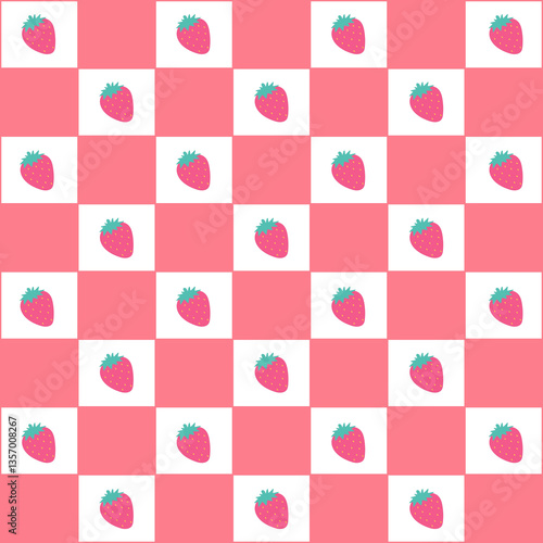 Seamless strawberry pattern on red and White Checkered Background
