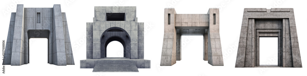 Imposing concrete buildings with bold geometric facades and symmetrical monumental entrances Imposing concrete buildings with bold geometric facades and symmetrical monumental entrances